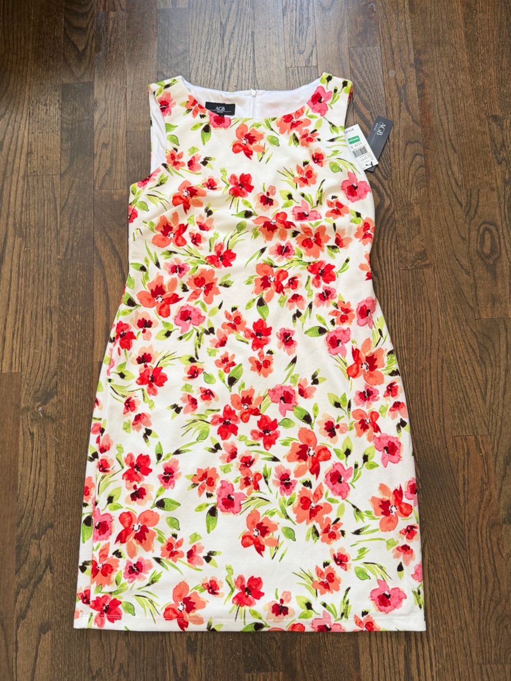 AGB White Floral Sheath Dress with Pink & Coral Blooms